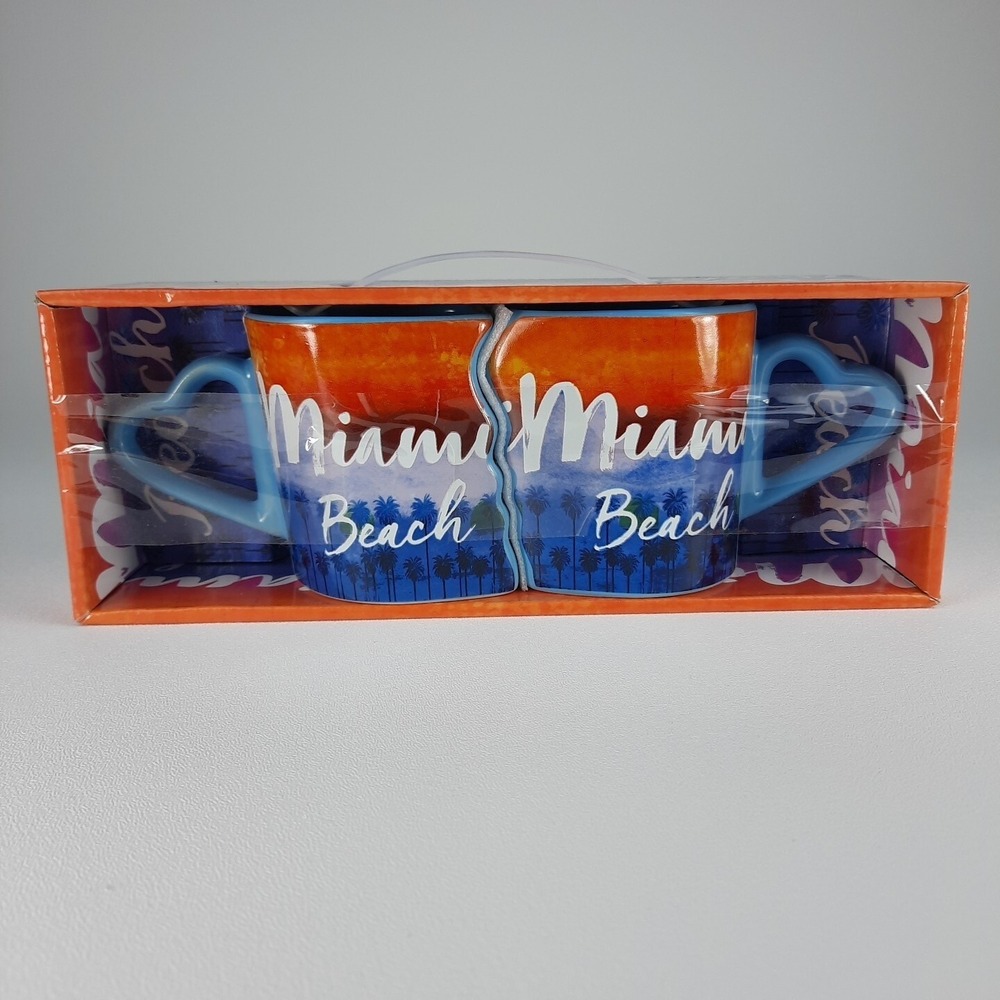 Miami Beach Florida Heart Couple in Love Honeymoon Interlocking Mugs MEMORIEZ
